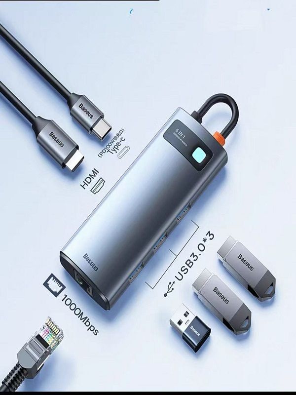 ХабUSB-концентраторBaseus4K@30Hz6-in-1STARJOY6-PORTTYPE-CHUBADAPTERGray(WKWG080013)