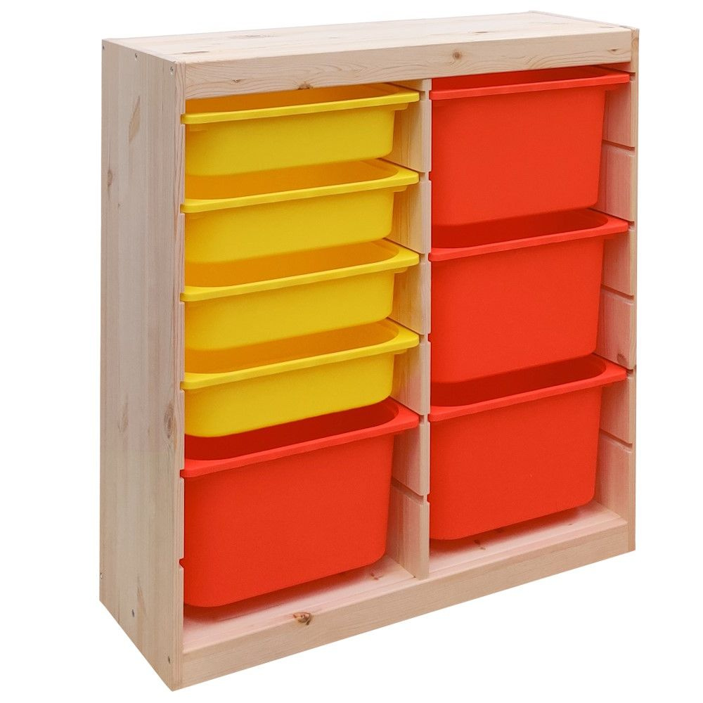 Деревянный стеллаж для игрушек с желтыми (4) и оранжевыми (4) контейнерами TROFAST, 86.6х30х90.6 см  #1