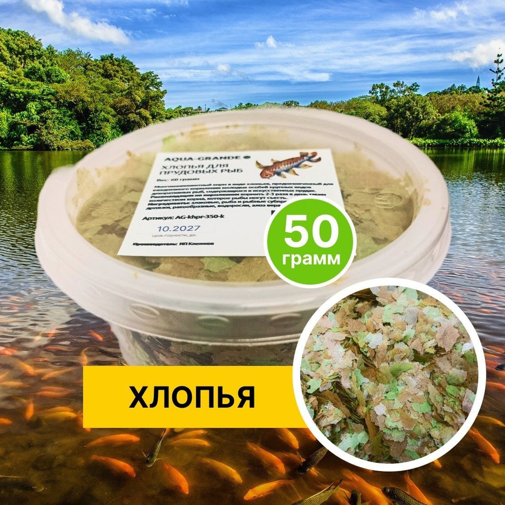 Корм сухой - Корм для прудовых рыб AQUA-GRANDE, хлопья для прудовых рыб, 50 г, контейнер  #1