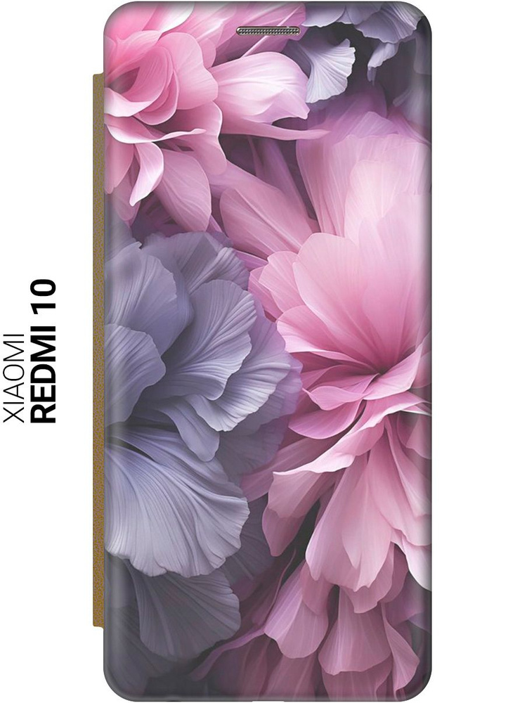 Чехол-книжка на Xiaomi Redmi 10 / Сяоми Редми 10 с рисунком "Розово-фиолетовые цветы" золотой  #1