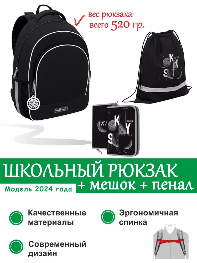 Школьный рюкзак с грудной перемычкой ErichKrause ErgoLine 15L Black с наполнением 60487/1  #1