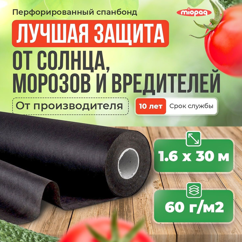 Укрывной материал от сорняков 1,6х30 м, черный / агроткань из спанбонда для защиты растений с УФ-фильтром #1