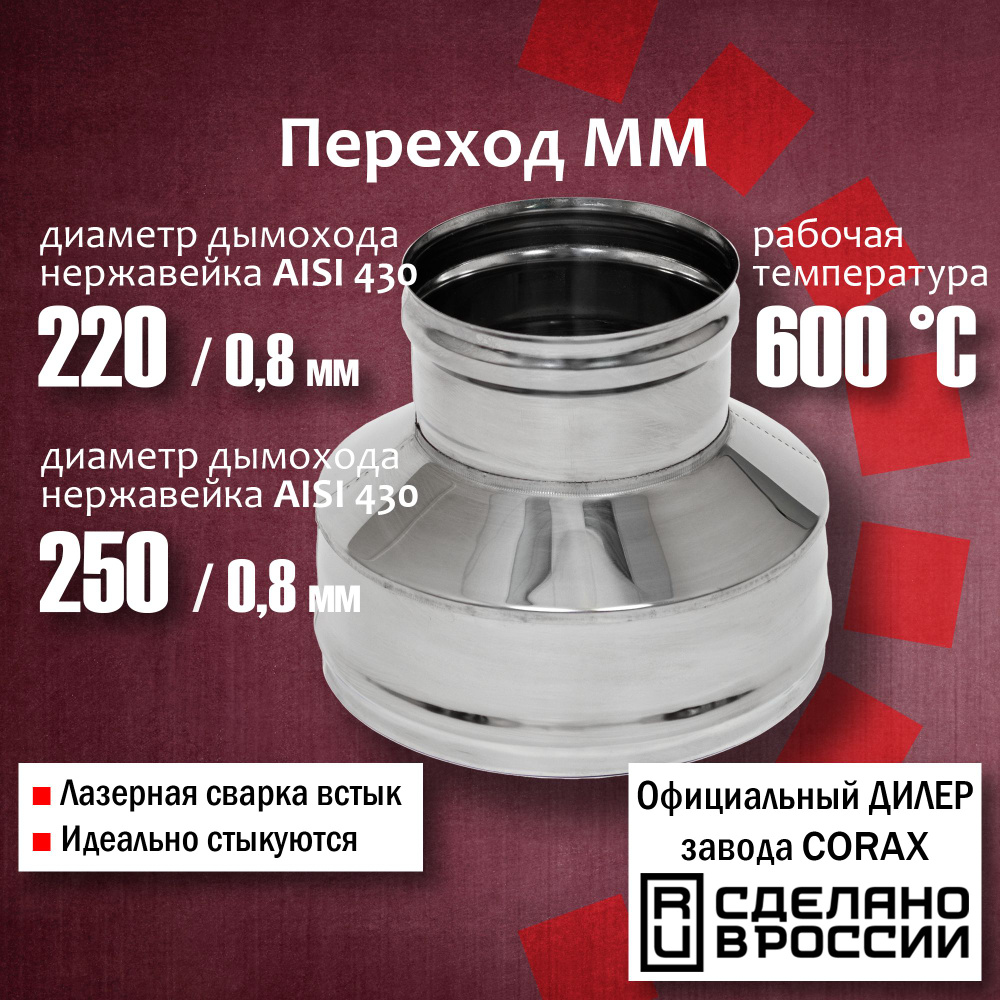 Переход ММ d 220-250 (430 / 0,8 мм) Длина 180мм Corax, адаптер переходник для моно трубы дымохода и вытяжки #1