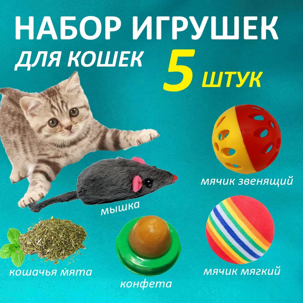 Игрушки для кошек: мышка погремушка, мячик упругий, шарик звенящий, мята и леденец в наборе 5 предметов #1