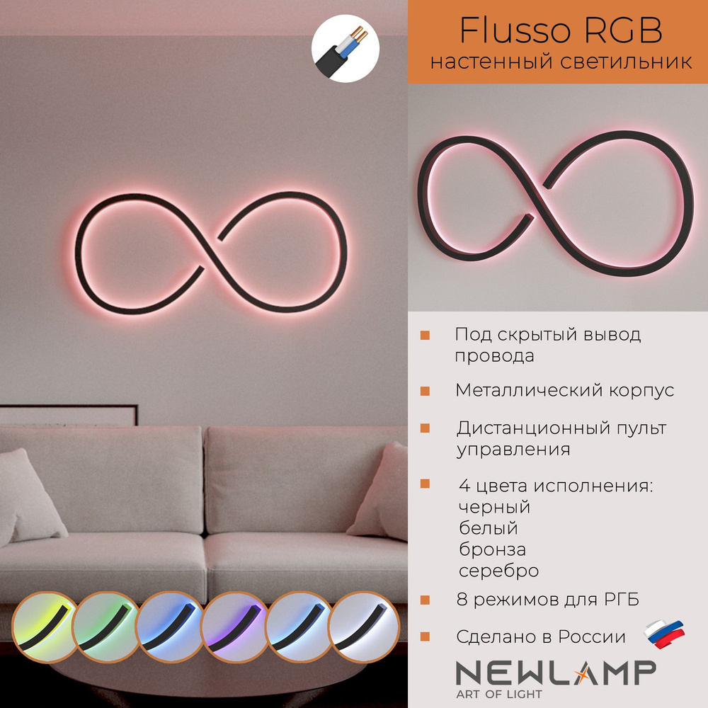 Светильник настенный светодиодный Flusso RGB LED. Чёрный. Диммируемый, с пультом ДУ. Без вилки. NEWLAMP. #1