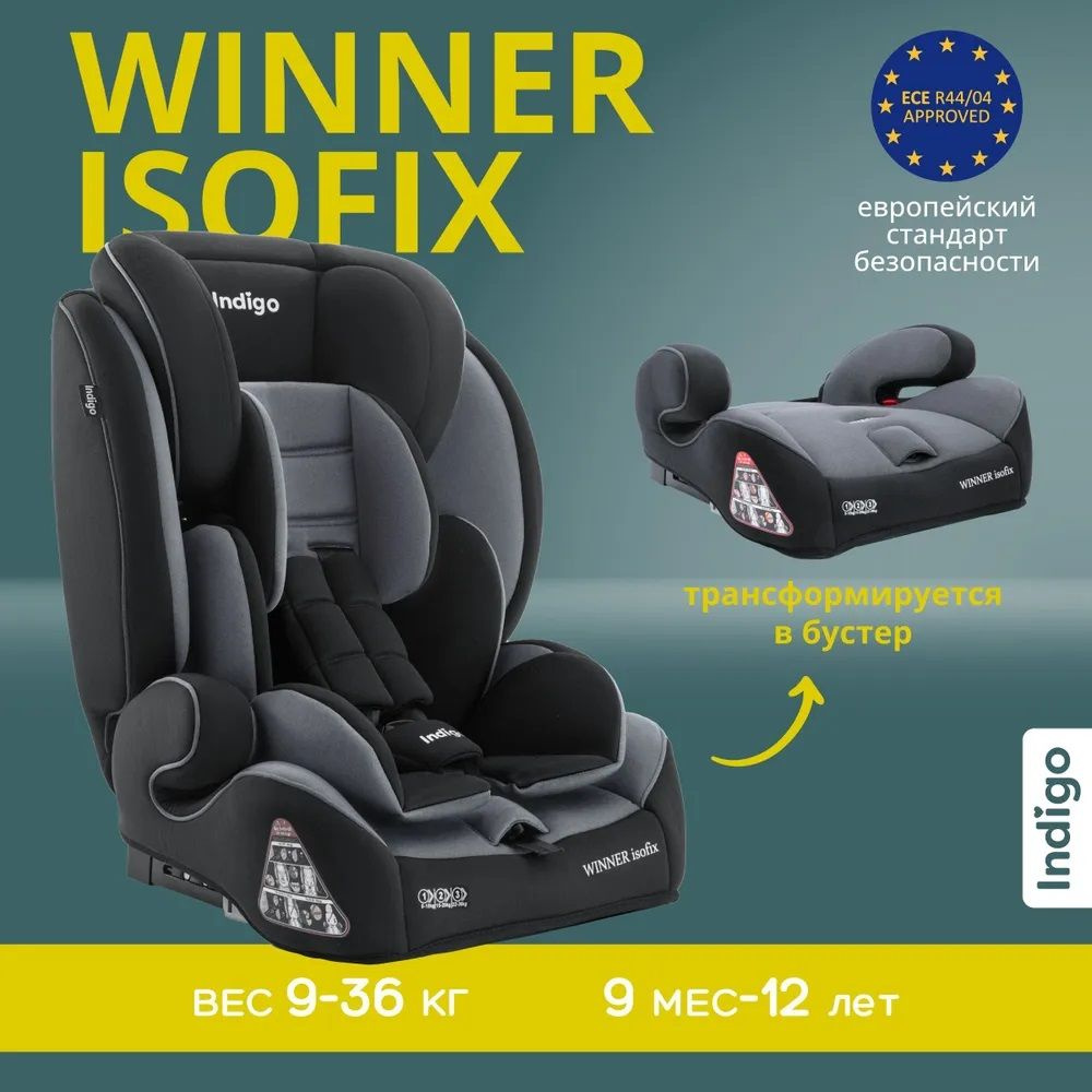 Автокресло бустер растущее Indigo WINNER Isofix черный серый, с 9 месяцев до 12 лет ( 9-36 кг ) для детей #1