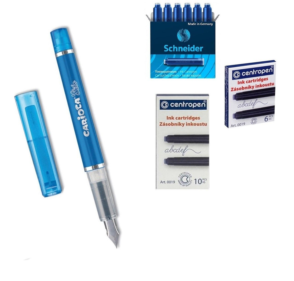 Ручка перьевая CARIOCA Stilo, корпус ручки синий. Иридиевое перо, 2 картриджа с синими чернилами в комплекте. #1