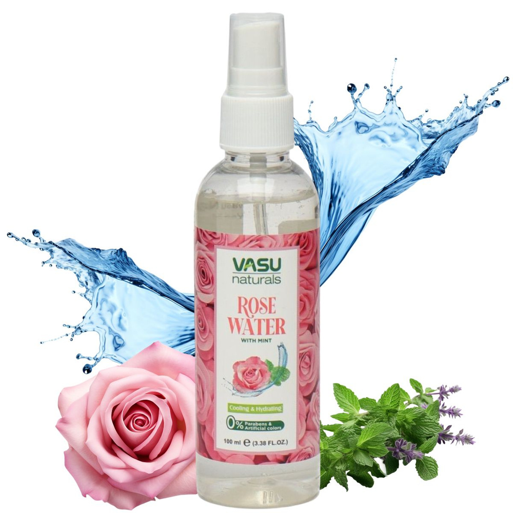 Розовая вода Vasu с мятой, освежающая и охлаждающая (Rose water with mint) спрей, 100 мл  #1
