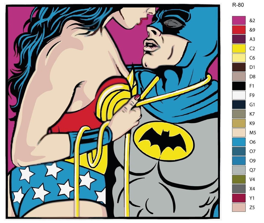 Картина по номерам R-80 "Супергерои. Бэтмен и Чудо женщина поп арт" 40x40 см  #1