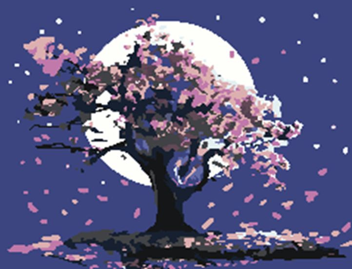 Картина по номерам на холсте с подрамником 40*50 "Цветущее дерево" Сакура, Луна, Лето  #1