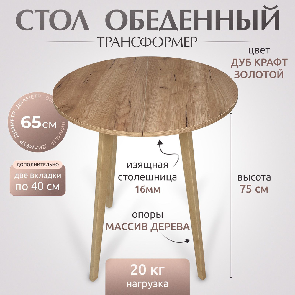 Стол кухонный раздвижной, стол обеденный, круглый, 65х65 см + две вкладки по 40 см  #1