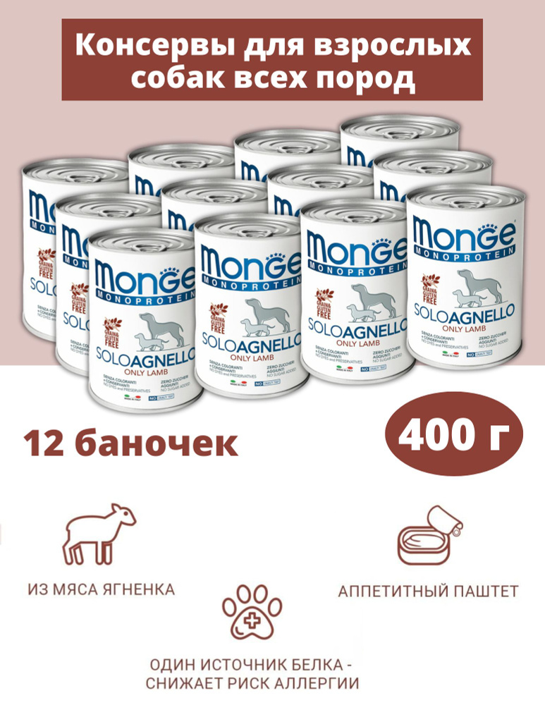 Monge Dog Monoprotein SoloAgnello Lamb / Влажный корм Паштет Монж Монопротеиновый для взрослых собак #1