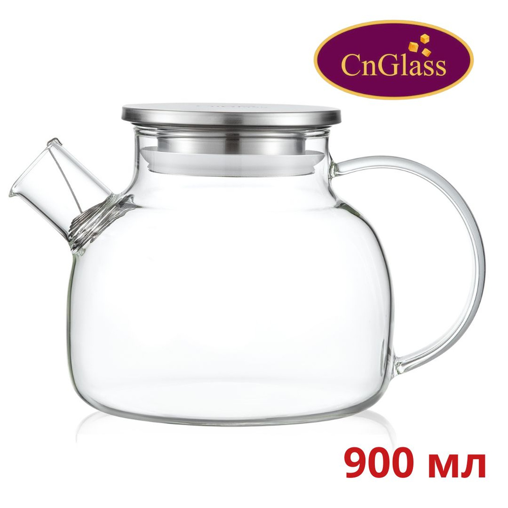 Чайник заварочный CnGlass стеклянный бочонок с фильтром пружинкой и металлической крышкой 900 мл  #1