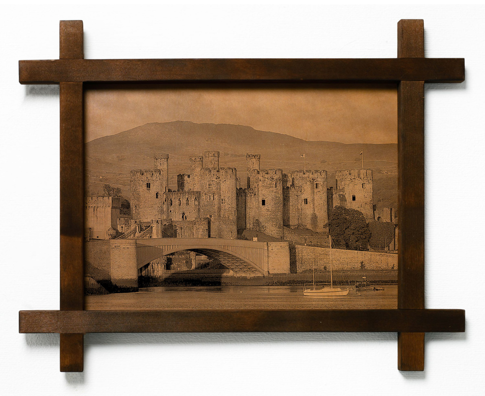 Картина "Замок Конуи, Уэльс", гравировка на натуральной коже, интерьерная для украшения и декора на стену #1