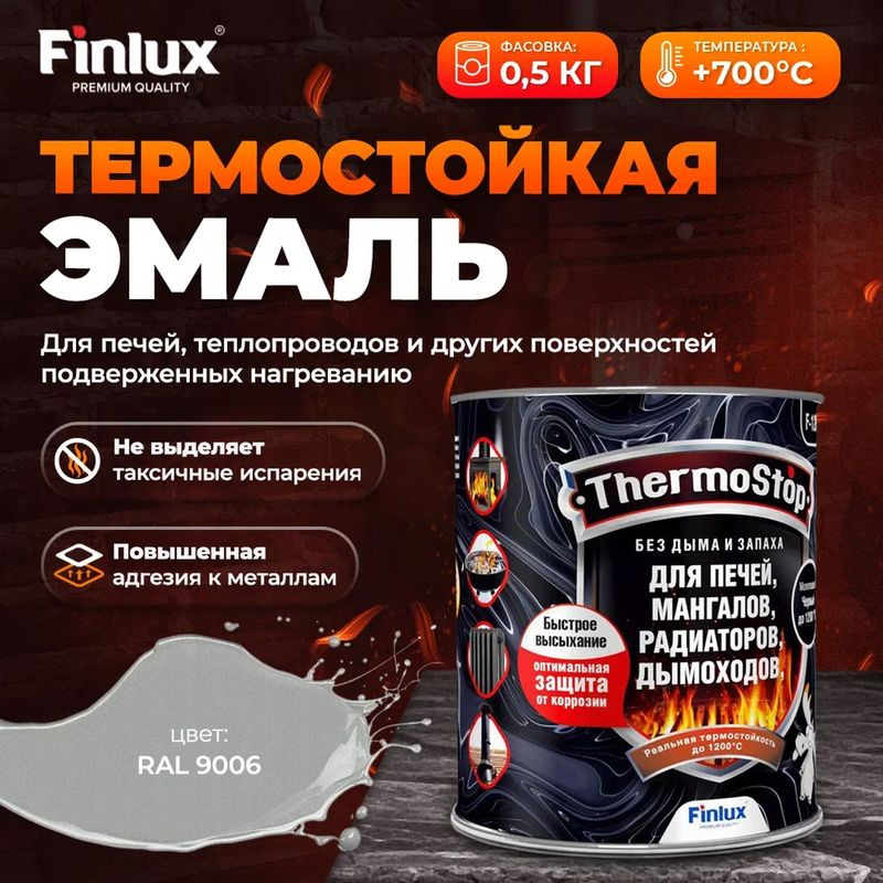 Грунт-эмаль Finlux F-1200, краска по металлу антикоррозийная до +1200C, матовое покрытие, Ral 9006, 0,5 #1