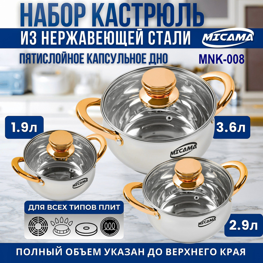 Набор кастрюль MICAMA, Нержавеющая сталь, Термоупрочненное стекло, 1,9 л,  2,9 л, 3,6 л - купить по выгодной цене в интернет-магазине OZON.ru  (1548365511)