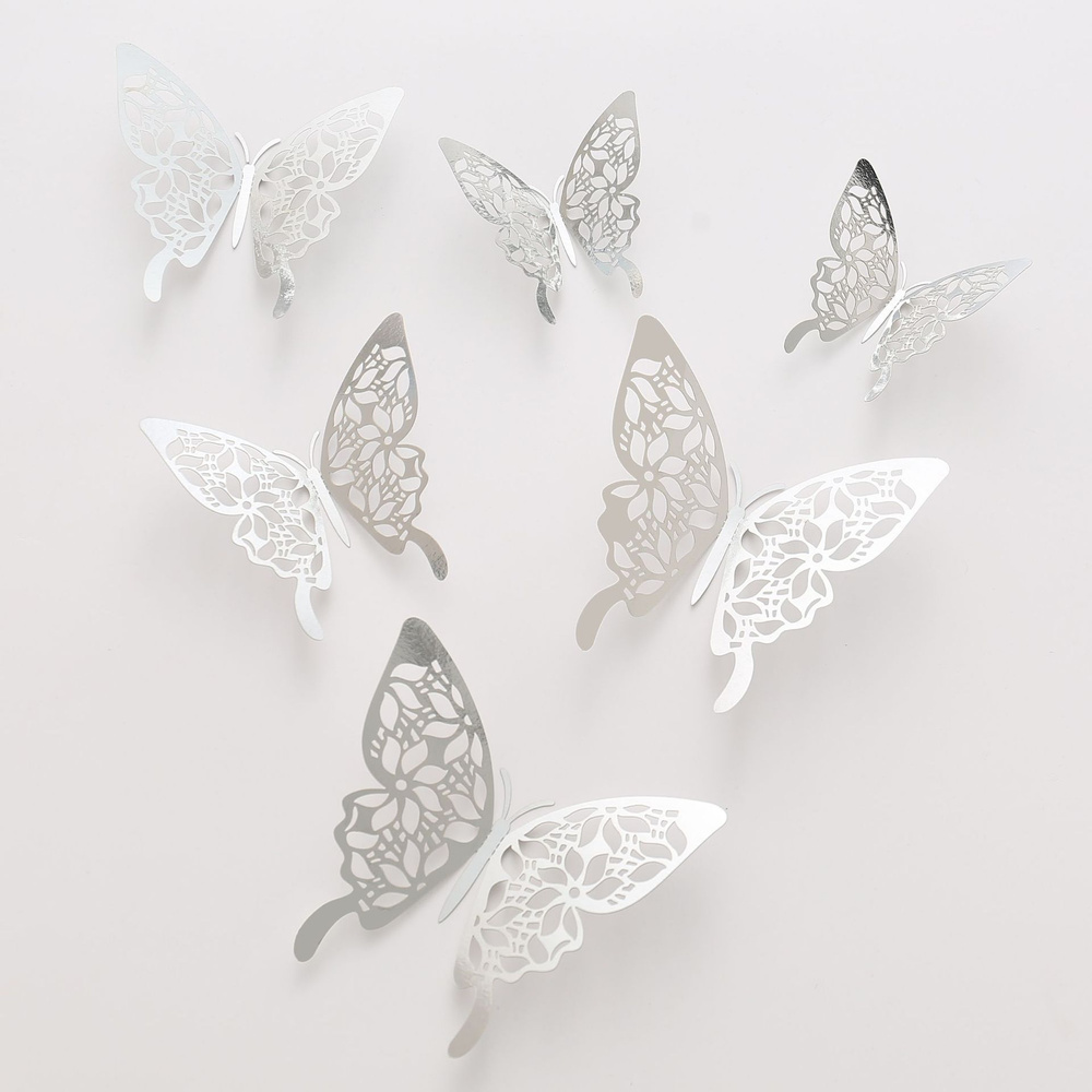 Наклейки для декора дома / стикеры бабочки серебристые, набор 12 шт. + клеевые точки  #1