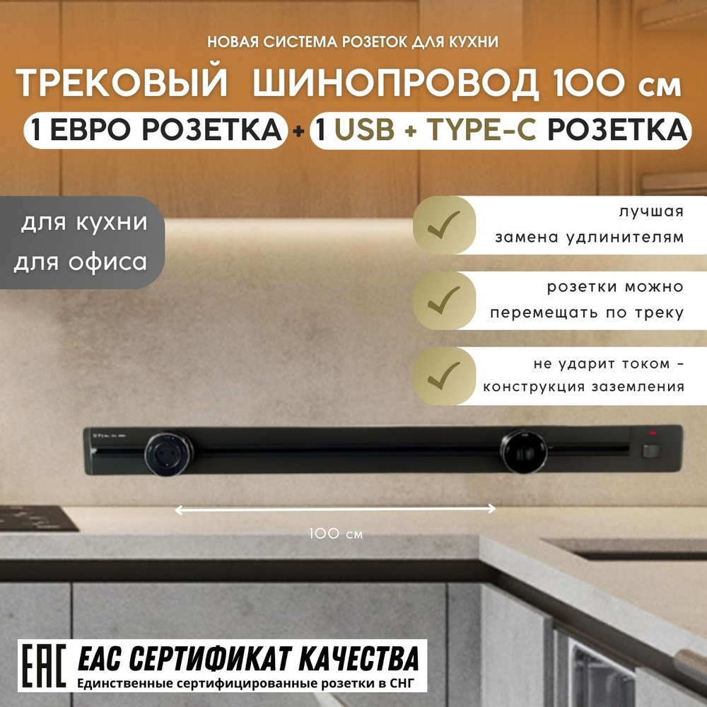 Трековая система, шина 100 см + 1 евро розетка + 1 розетка USB + TYPE-C (Black)  #1