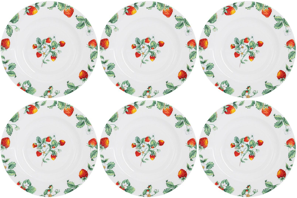 Набор тарелок 6 шт глубоких суповых 21 см на 6 персон Anna Lafarg Emily Земляничная поляна, костяной #1
