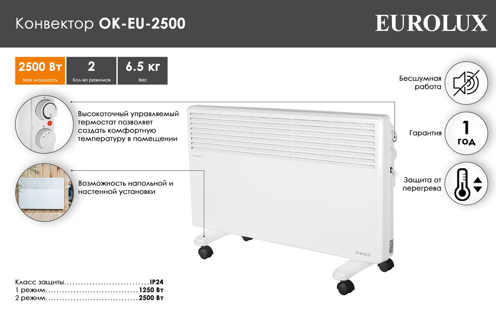 Конвектор отопительный, обогреватель Eurolux ОК-EU-2500 #1