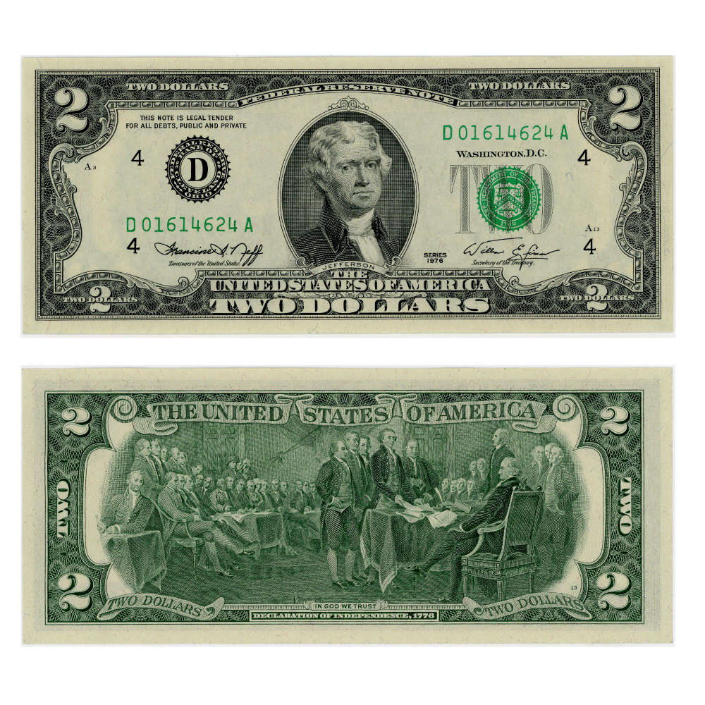 Банкнота США 2 доллара TWO DOLLAR 1976 г. About Uncirculated (aUNC) Pick 461 #1