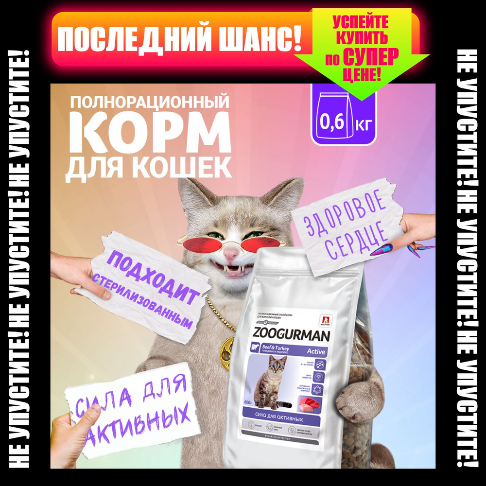 Полнорационный сухой корм для кошек Зоогурман Active Говядина и индейка, 0,6 кг  #1