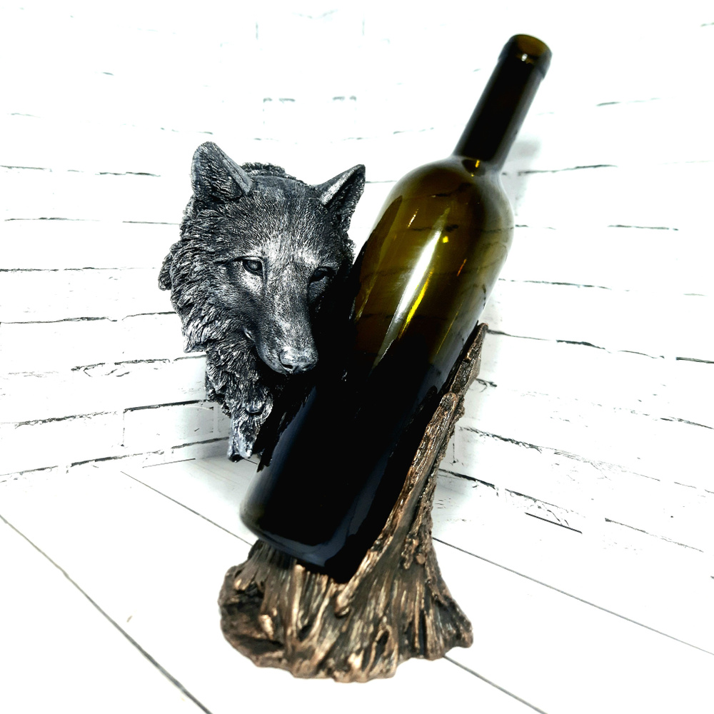 Держатель для бутылок интерьерный "Волк" 18*12*25см, серебро/бронза, материал полистоун.  #1