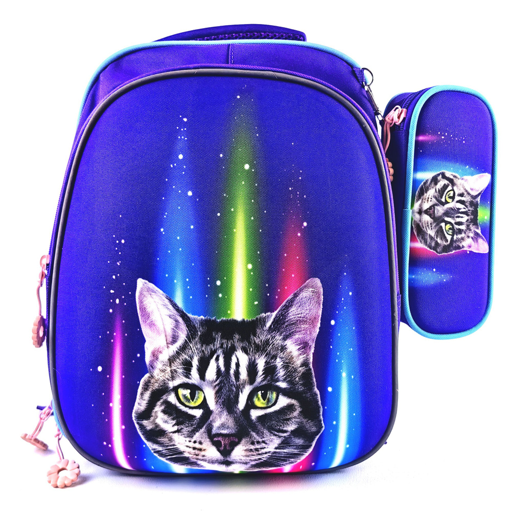 Рюкзак ортопедический (3D) с пеналом "Котик" для девочки, фиолетовый  #1
