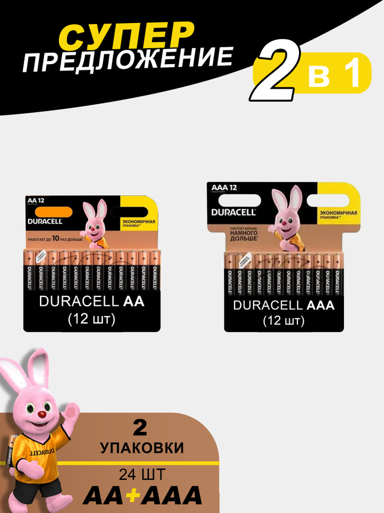 Батарейки щелочные (алкалиновые) Duracell Basic АА и ААА, 1,5В, 24шт (2в1)  #1