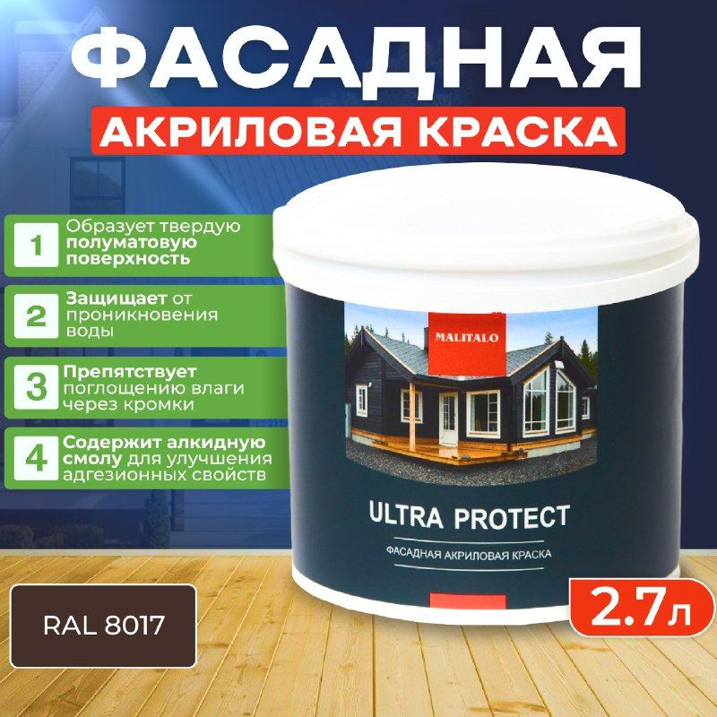 Краска финишная для наружных деревянных поверхностей MALITALO ULTRA PROTECT премиум класса, полуматовая, #1