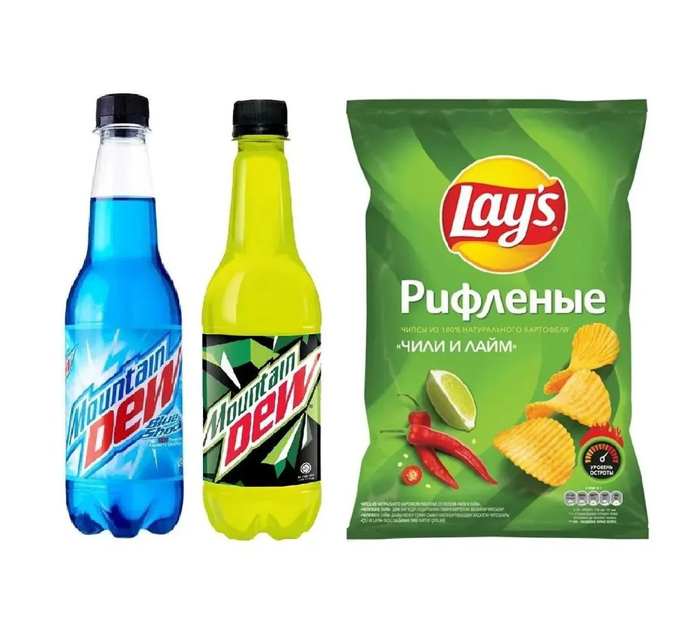 Набор из чипсов Lay's Чили Лайм и газированного напитка Mountain Dew двух видов, 2 шт по 400 мл  #1