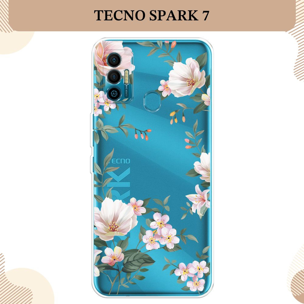 Силиконовый чехол на Tecno Spark 7 / Текно Спарк 7, Beautiful white flowers, прозрачный  #1