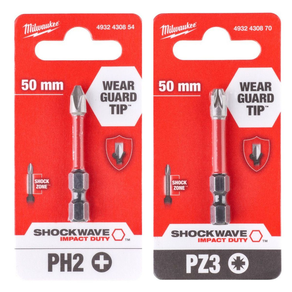 PH2(1шт)+PZ3(1шт) 50мм. Набор бит для шуруповёрта ударных Shockwave MILWAUKEE  #1