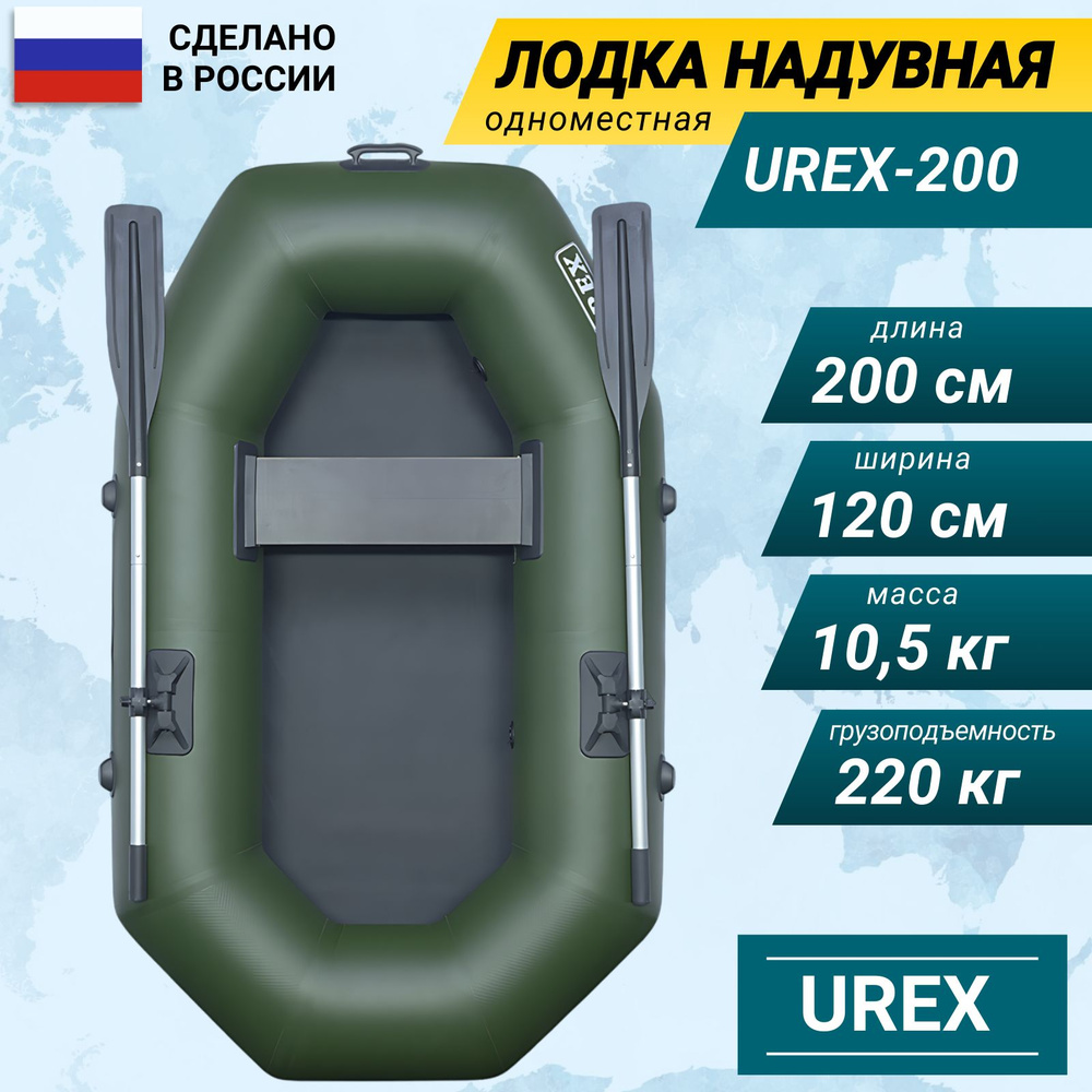 Лодка надувная для рыбалки пвх UREX 200 см одноместная, в комплекте 2 весла, насос, банки, сумка, ремкомплект, #1