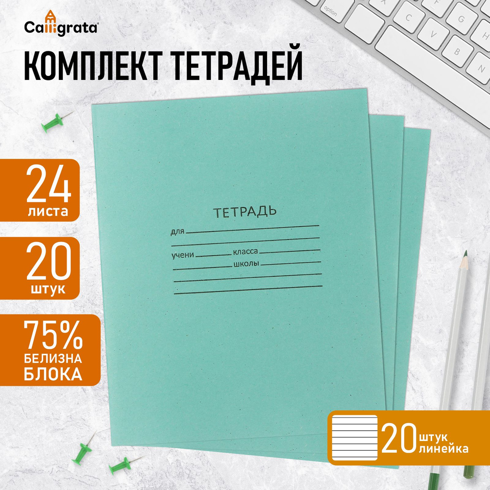 Комплект тетрадей из 20 штук, 24 листа в линию КПК "Зелёная обложка", блок №2, белизна 75% (серые листы) #1