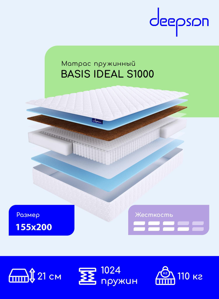 Deepson BASIS IDEAL S1000 средней и выше средней жесткости, Двуспальный, Беспружинный, На кровать 155x200 #1