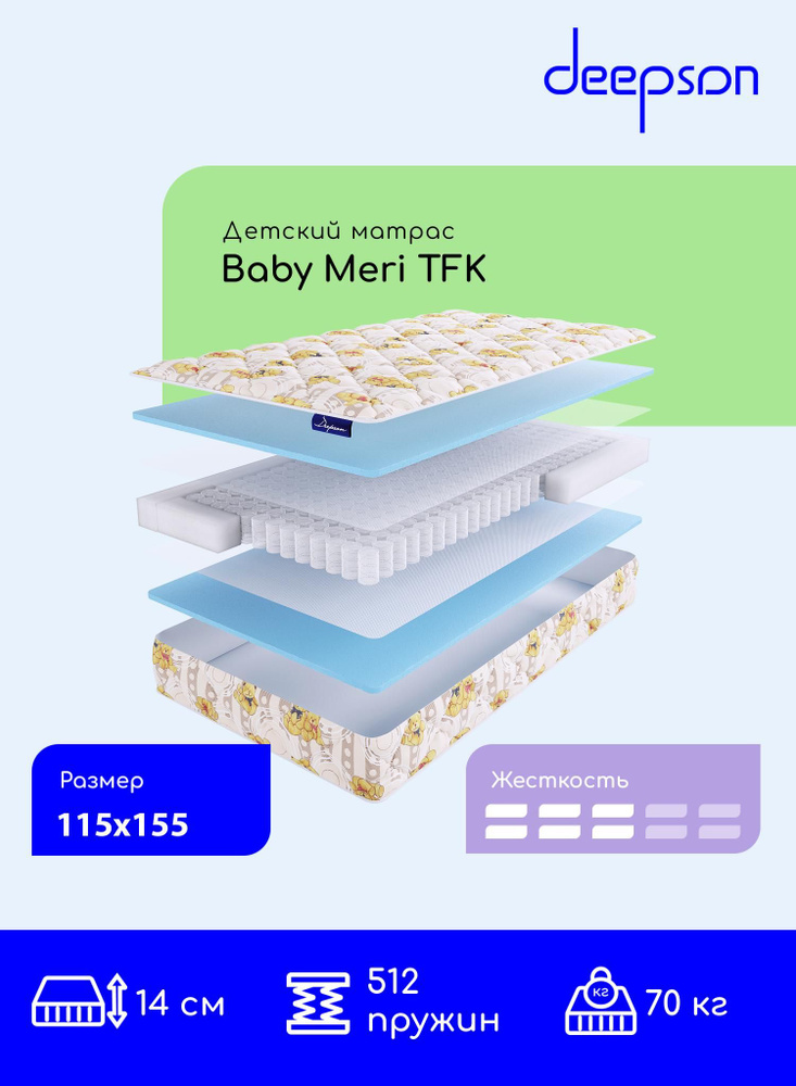 Матрас детский Deepson Baby Meri EVS 500 средней жесткости, полутороспальный, пружинный, на кровать 115x155 #1