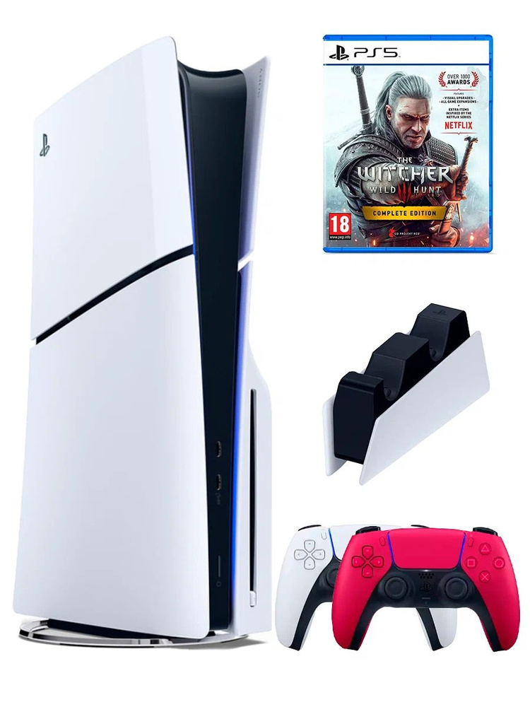 PS5 (ПС5) Игровая приставка Sony PlayStation 5 Slim +2-й геймпад(красный)+зарядное+игра Witcher 3, 1000ГБ #1