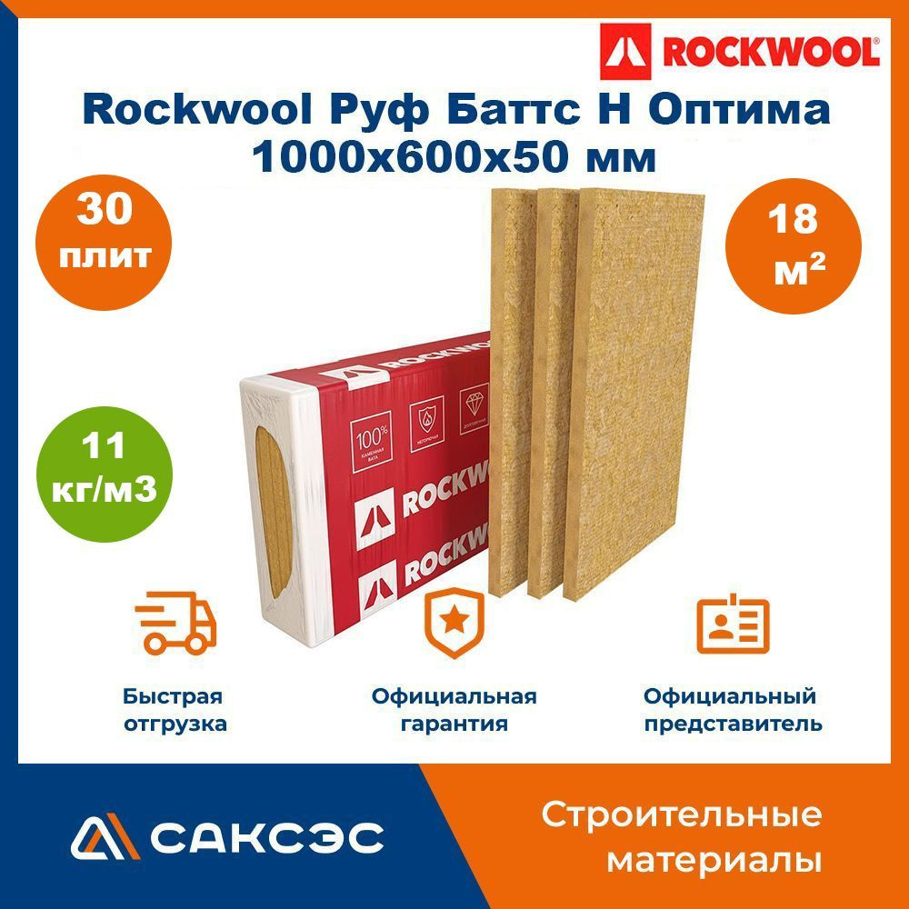 Утеплитель для плоской кровли из минеральной ваты Rockwool Руф Баттс Н Оптима 1000х600х50 мм, 30 плит, #1