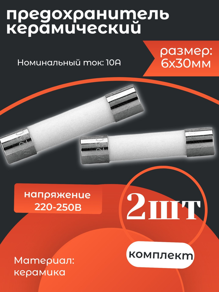 Трубчатый предохранитель 10А 250В. 2 шт. 6*30 мм, керамический, для бытовых приборов, СВЧ/микроволновки, #1