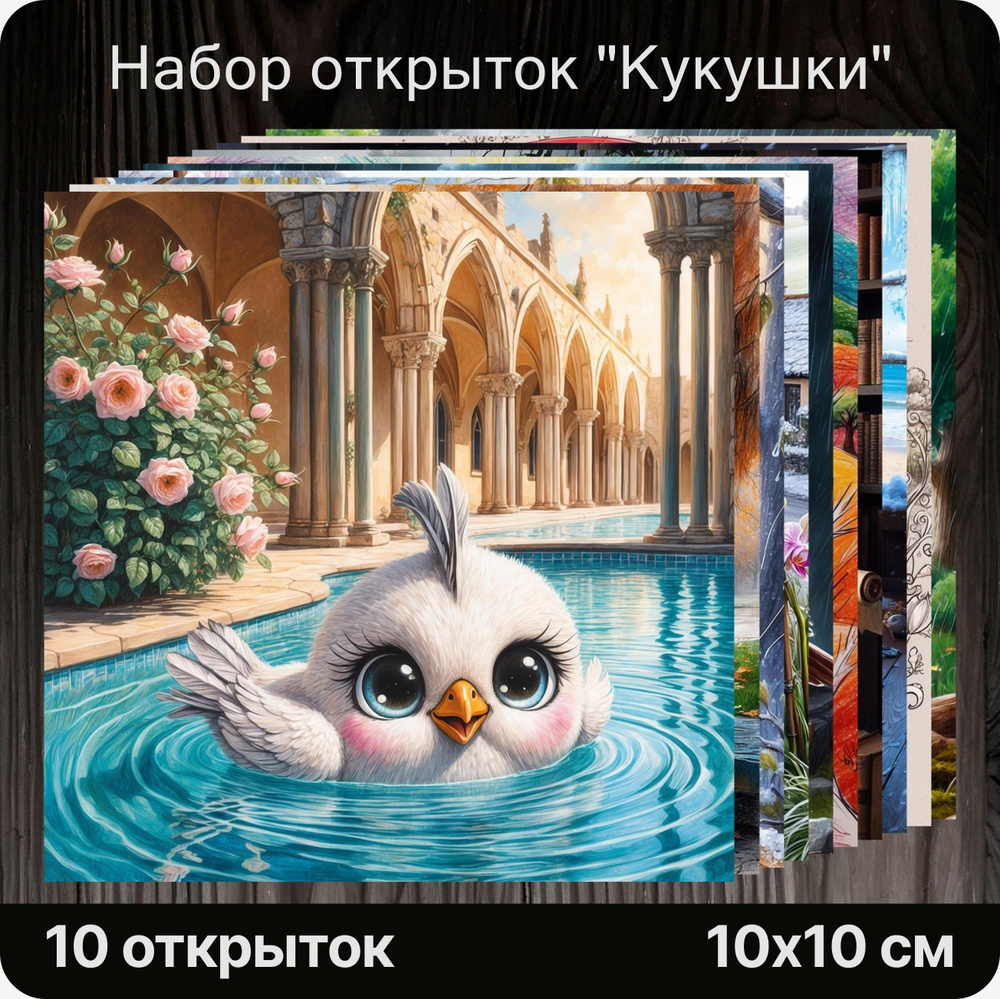 Авторские открытки "Кукушки", 10 штук. Милые, праздничные, на подарок, сюрприз, к букету.  #1