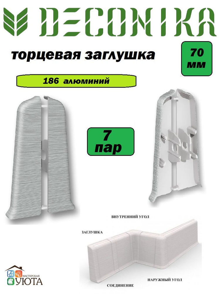 Торцевые (пара) для плинтуса 70мм "Деконика", 186 Алюминий 7шт  #1