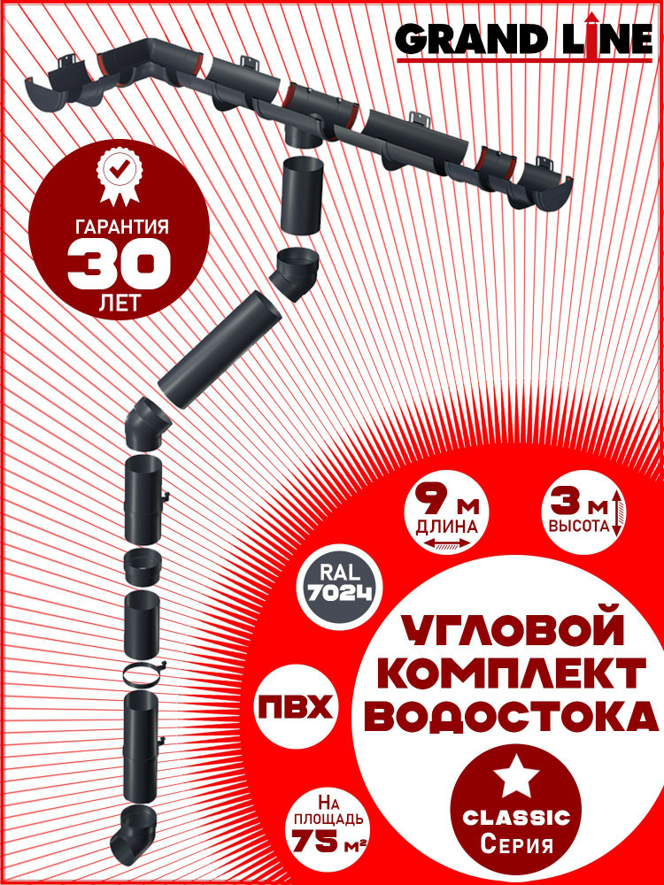 Угловой/прямой комплект водостока Grand Line на 9 м карниза (120мм/90мм) серый графит для вальмовой кровли #1