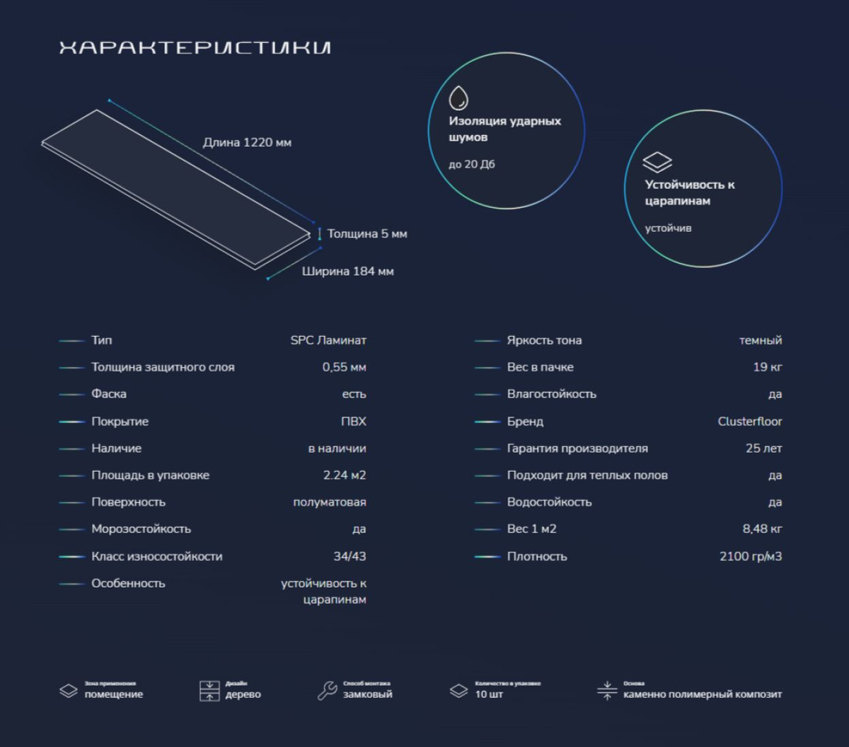 SPC Ламинат Clusterfloor Wood CL2005 насыщенного песочного оттенка с темным декорированным тиснением, создающее впечатление, что это настоящая натуральная деревянная доска. Темно-коричневые переходы помогают создать единый рисунок на всем напольном покрытии. Интересные цветовые переходы разбавят ваше пространство и идеально впишутся в Ваш интерьер. Вы можете постелить SPC ламинат как в жилых комнатах, так и в иных видах помещений, например, проходимых. это стало доступно, благодаря используемых у нас немецких технологий производства позволяют достигнуть высокого уровня износостойкости, влагостойкость и обеспечат защиту от царапин и иных видов механических повреждений.