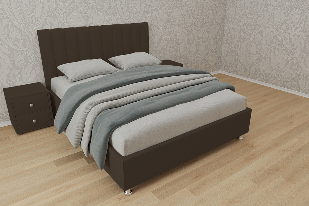 Двуспальная кровать Челси 140x200 основание металлическое с ламелями велюр коричневый ножки 5 см  #1