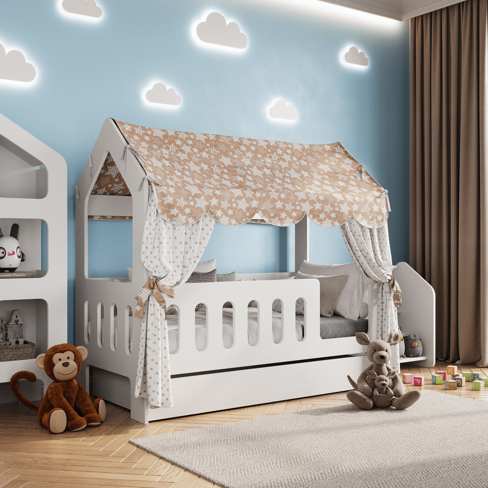 Кровать-домик, Кровать детская с бортиком под матрас 160х80, БазисВуд "Классик" с текстилем (бежевый, #1