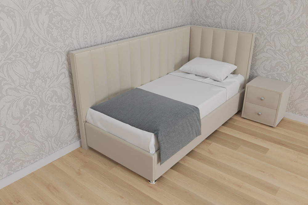 Односпальная кровать Сочи 120x200 основание металлическое с ламелями велюр бежевый ножки 13 см хром угол #1
