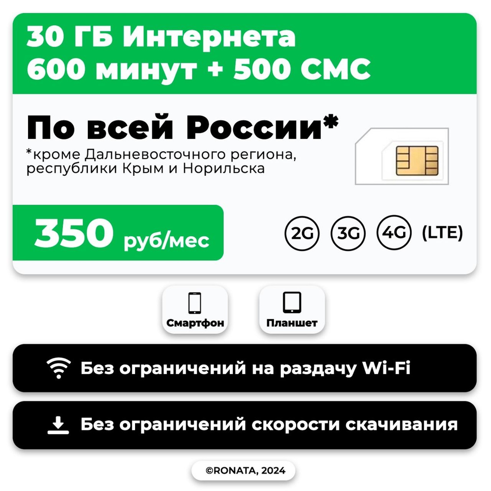 WHYFLY SIM-карта SIM-карта 600 минут + 30 гб интернет 3G/4G + 150 СМС за 350 руб/мес (Москва и Подмосковье) #1