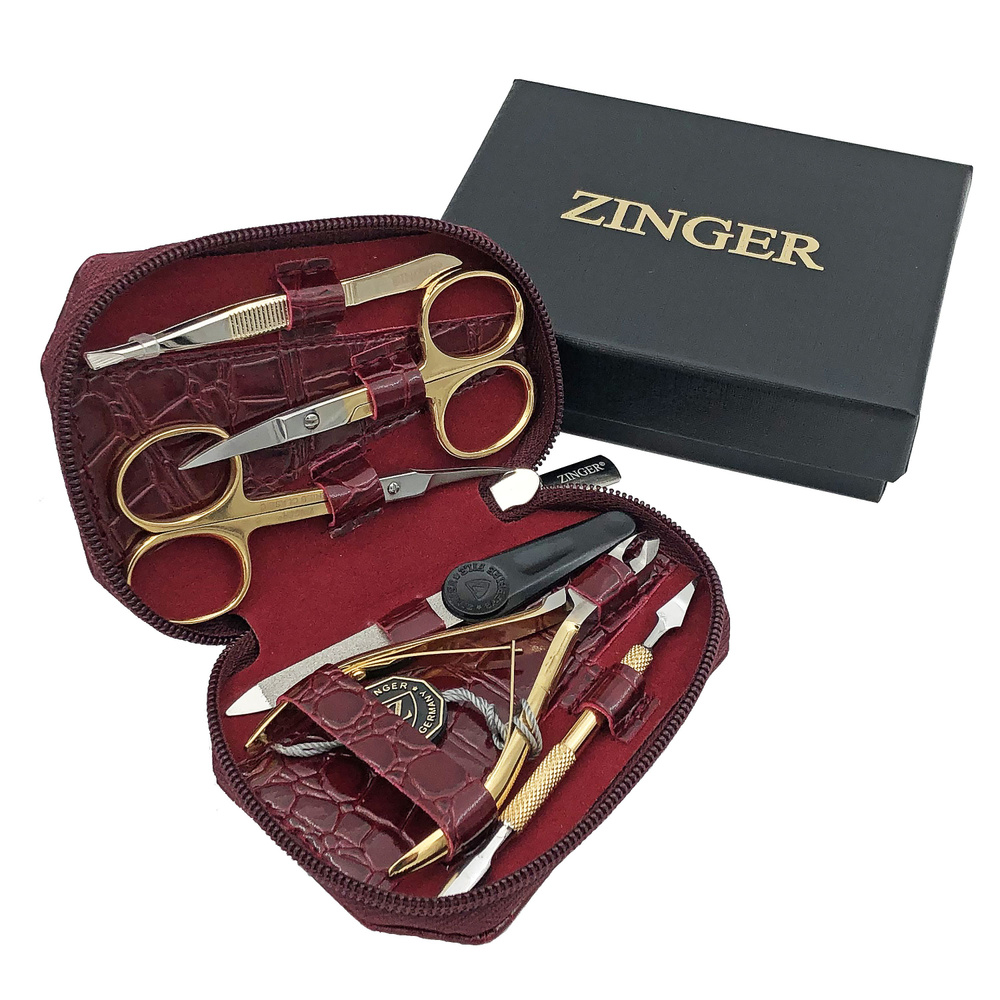Маникюрный набор Zinger 7103 G, 6 предметов, позолоченный/бордовый крокодил  #1