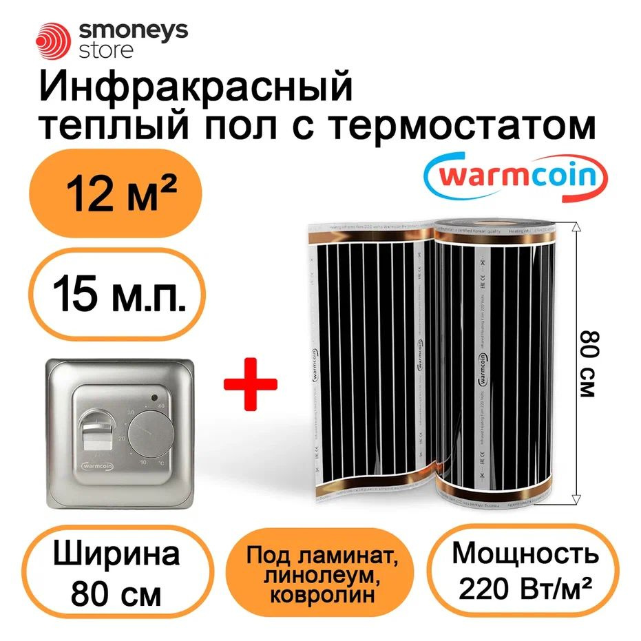 Теплый пол электрический 80 см, 15 м.п. 220 Вт/м.кв. с терморегулятором  #1